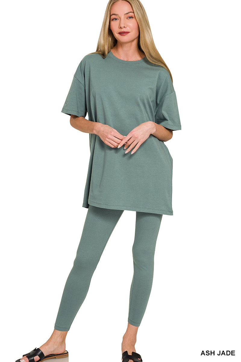 Ash jade 2-piece loungewear set with an oversized tee and matching leggings on model.