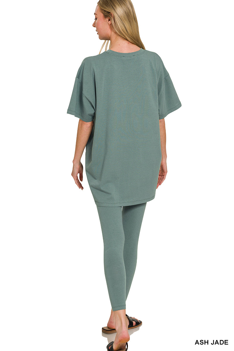 Model in ash jade two-piece loungewear: oversized tunic top and matching leggings.
