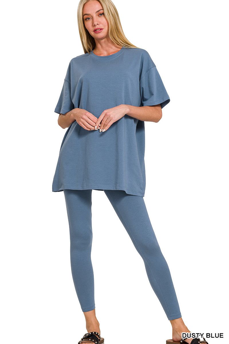 Dusty blue 2-piece loungewear set with an oversized T-shirt and matching leggings.