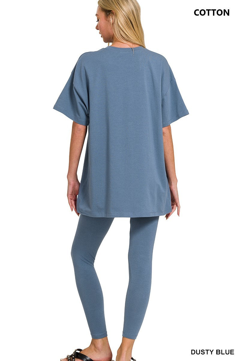 Dusty blue 2 piece loungewear set with oversized tee and matching leggings.