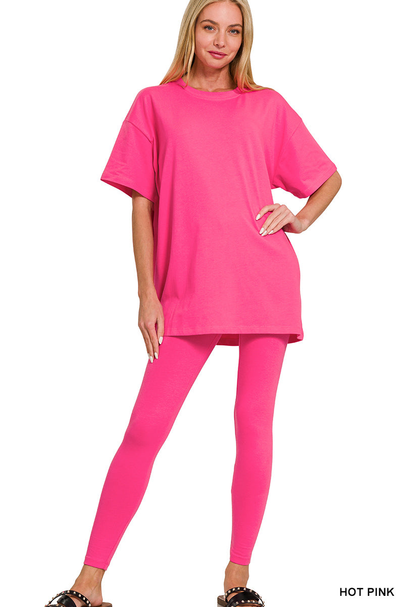 Hot pink 2 piece loungewear set featuring an oversized tee and matching leggings.