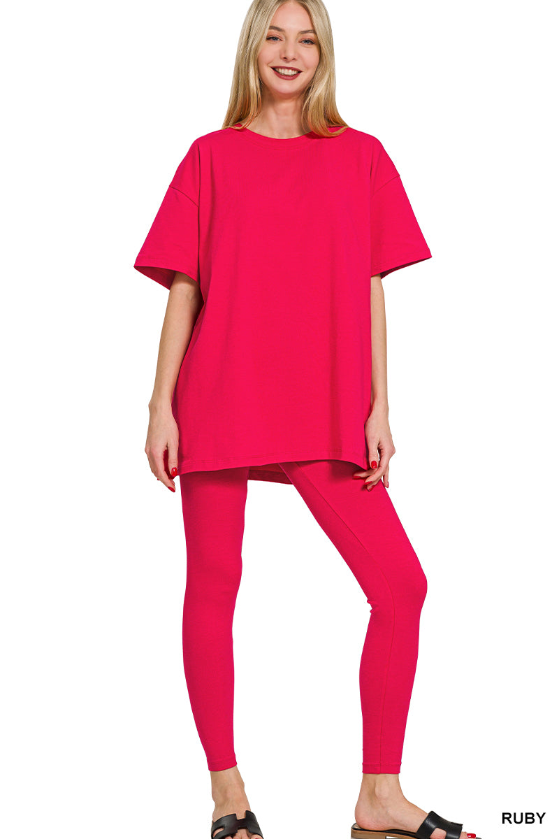 Ruby pink 2-piece loungewear set: oversized tee and matching leggings on a model.